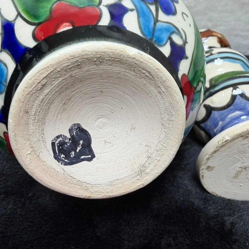 2 Hand Painted Turkish Iznik Style Ceramic Bud Vases Set Floral Red Blue‎ Yellow